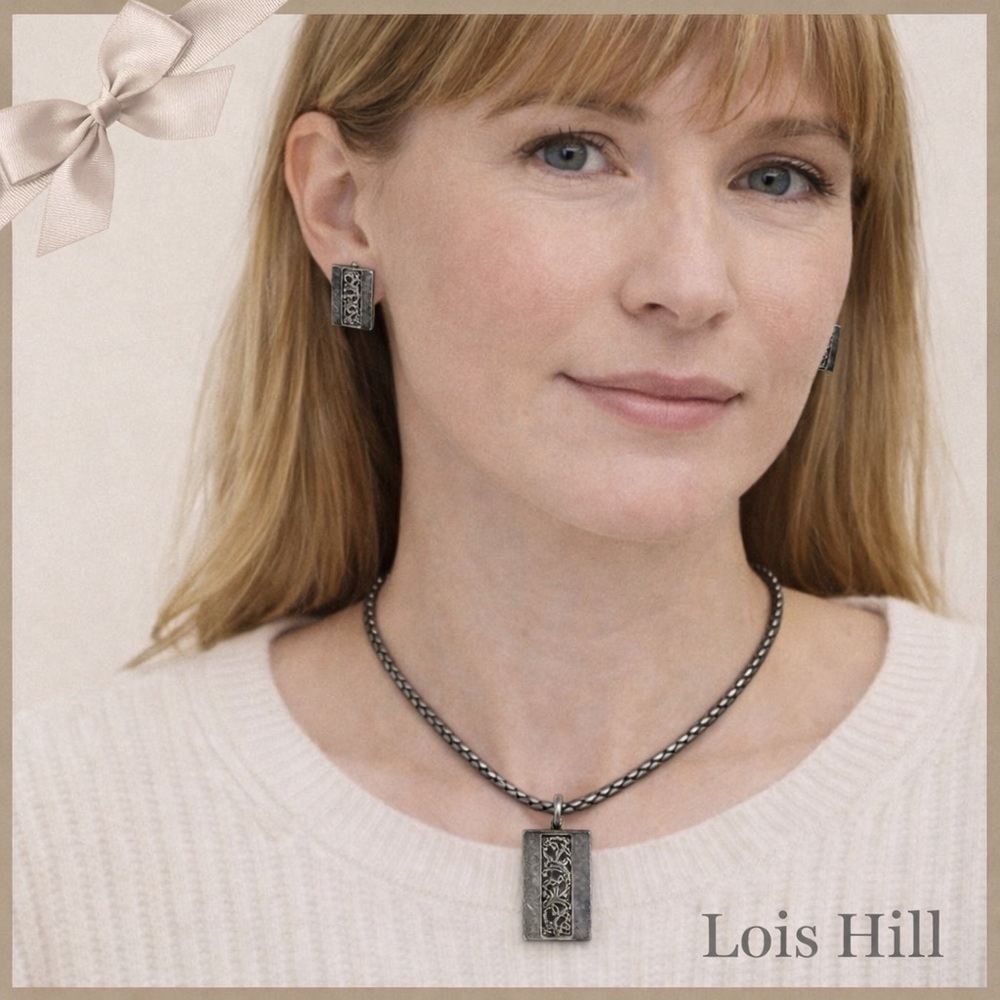 Sterling Silver Lois Hill Scrollwork Pendant Necklace Earrings Set 925 Oxidized